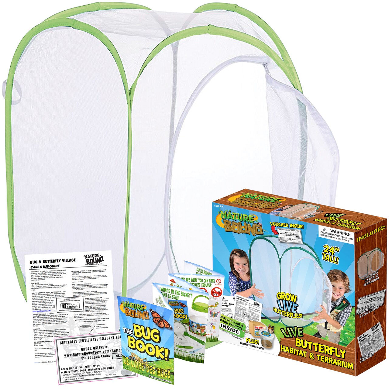 Nature Bound: Butterfly Habitat & Terrarium - Live Insect Growing Kit, 24" Net, Critter Lifecycle, Discount Voucher For Caterpillars & Food, Kids 6+